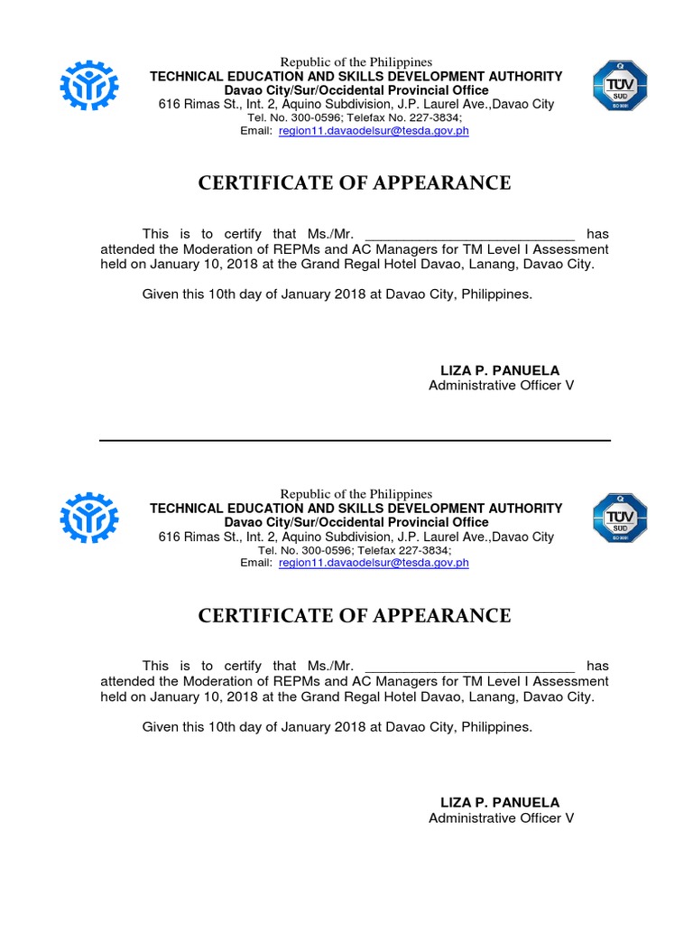 Certificate of Appearance