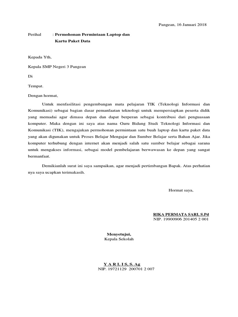 Surat Mohon Peruntukan Untuk Membeli Lap Laptop Daripada Murid