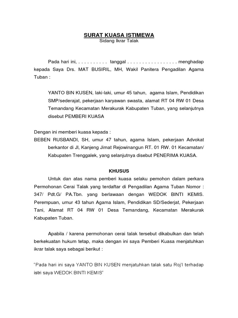 Contoh Surat Kuasa Permohonan Talak  Contoh Surat