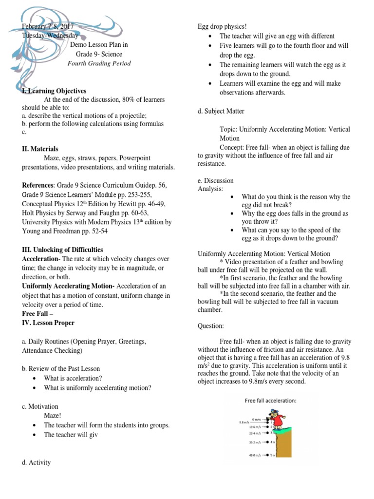 Free Fall Lesson Plan for Grade 9 | PDF | Acceleration | Velocity