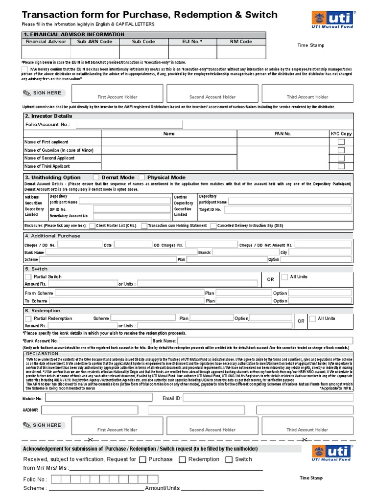 UTI Mutual Fund Transaction Form | PDF | Financial Services | Money