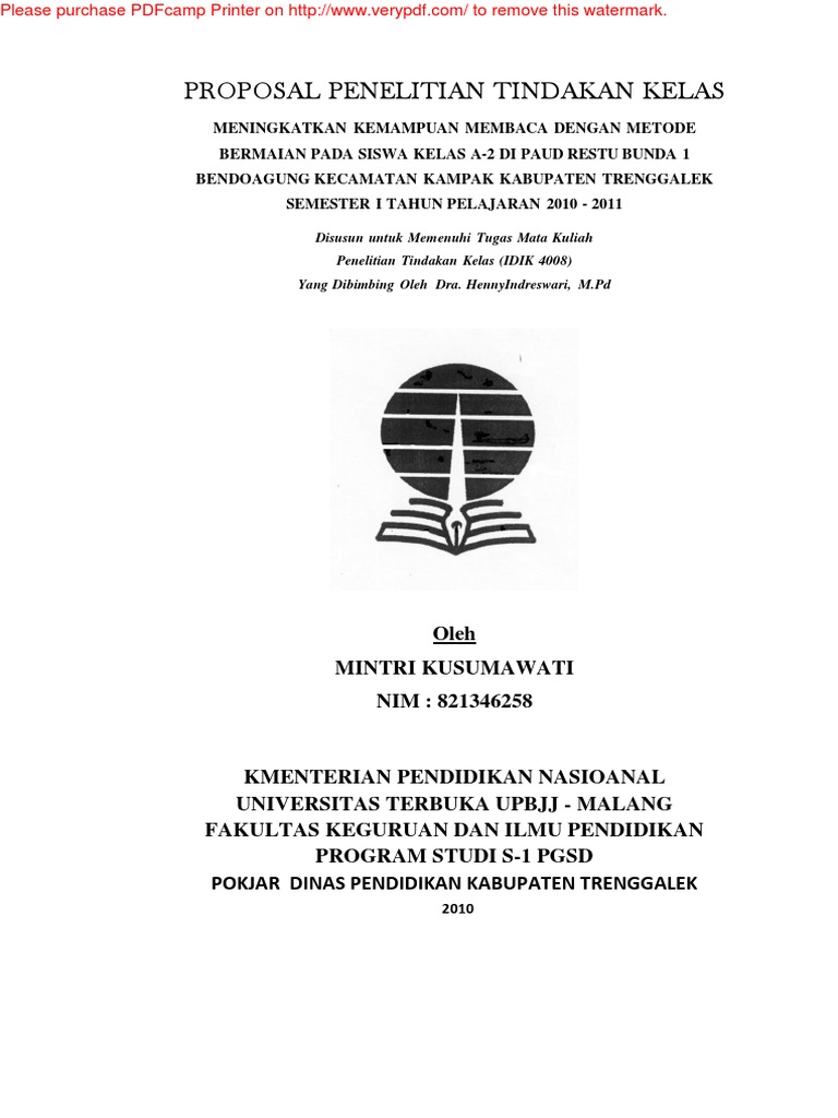 Proposal Penelitian Tindakan Kelas Meningkatkan Kemampuan Membaca Dengan Metode Bermaian Pada Siswa Kelas A