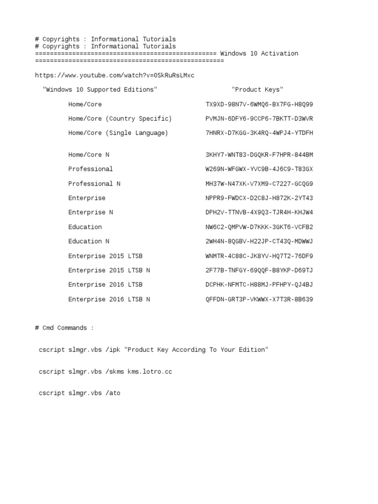 Windows 10 All Editions Activation Text File Updated