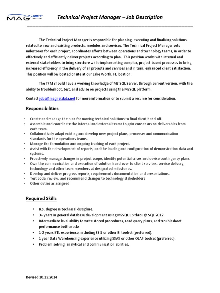 Technical Project Manager Job Description | PDF | Microsoft Sql Server ...