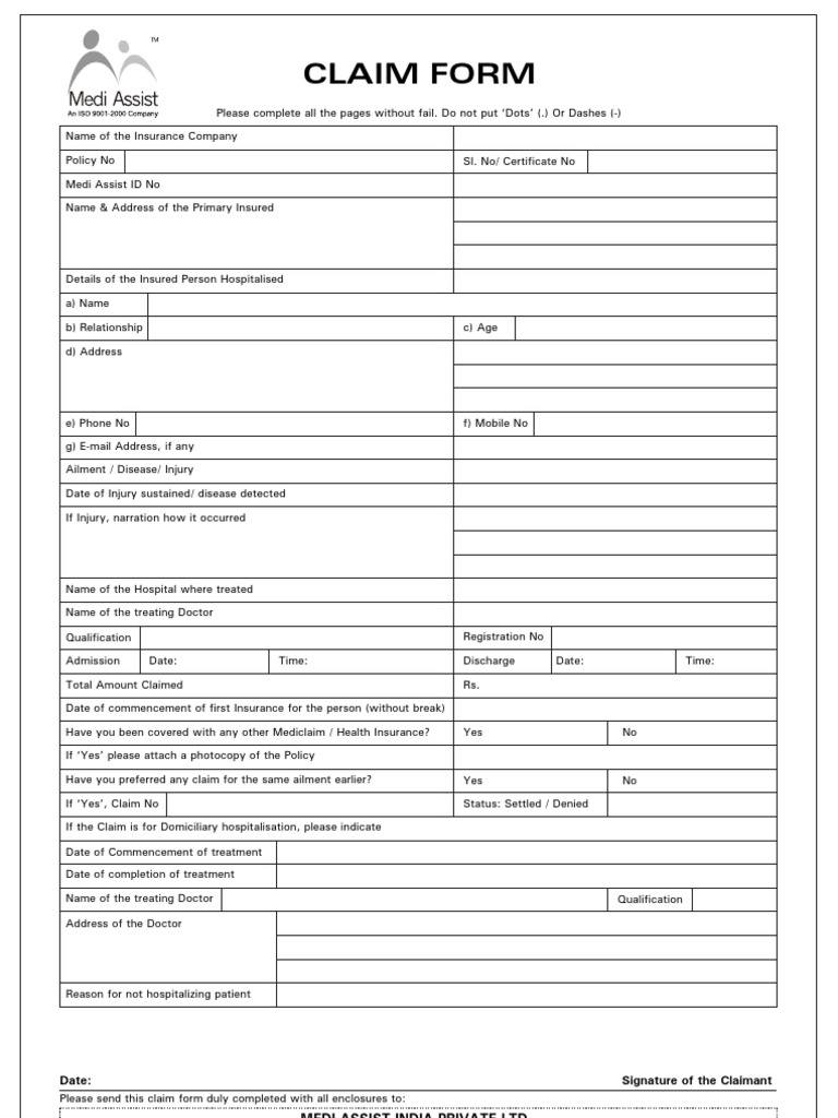 Claim Form Name of the Insurance Company