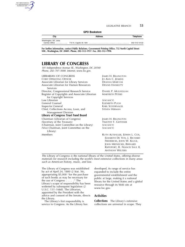 Library of Congress: 101 Independence Avenue SE., Washington, DC 20540 ...