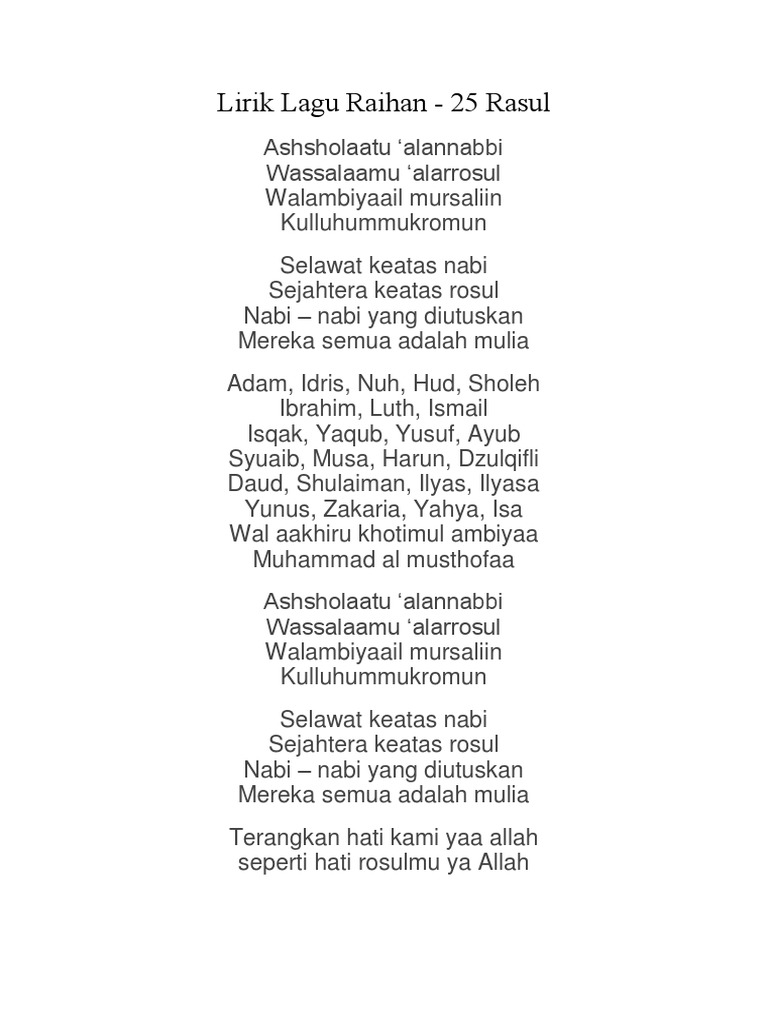 Lirik Nama 25 Rasul - Aretu