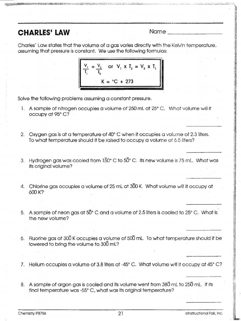 Charles Law Worksheet For Charles Law Worksheet Answers