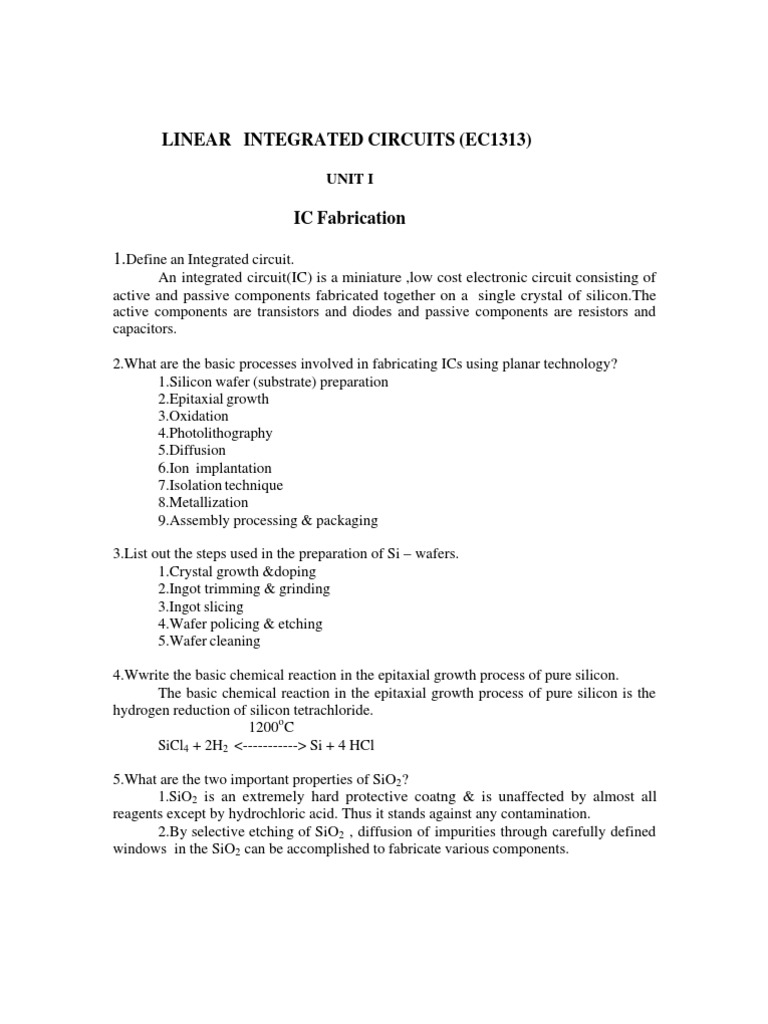 Linear Integrated Circuits (Ec1313) : IC Fabrication 1 | PDF ...