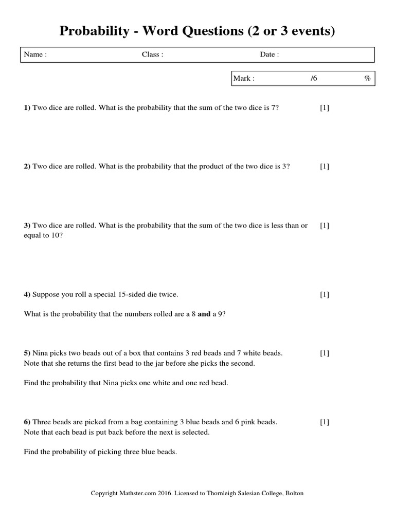 Probability - Word Questions (2 or 3 Events) - 1 | PDF | Teaching ...