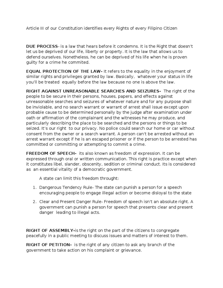 Rights of Filipino Citizens Under Article III | PDF | Search And ...