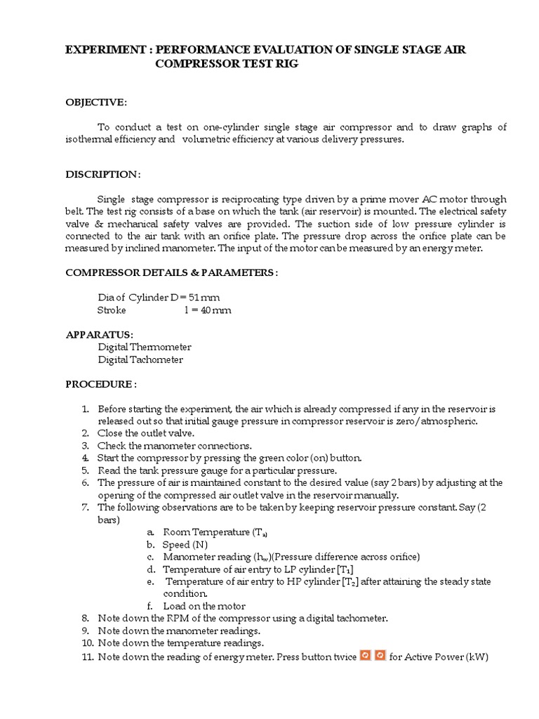 Performance Evaluation of Single Stage Air Compressor Soln | PDF ...