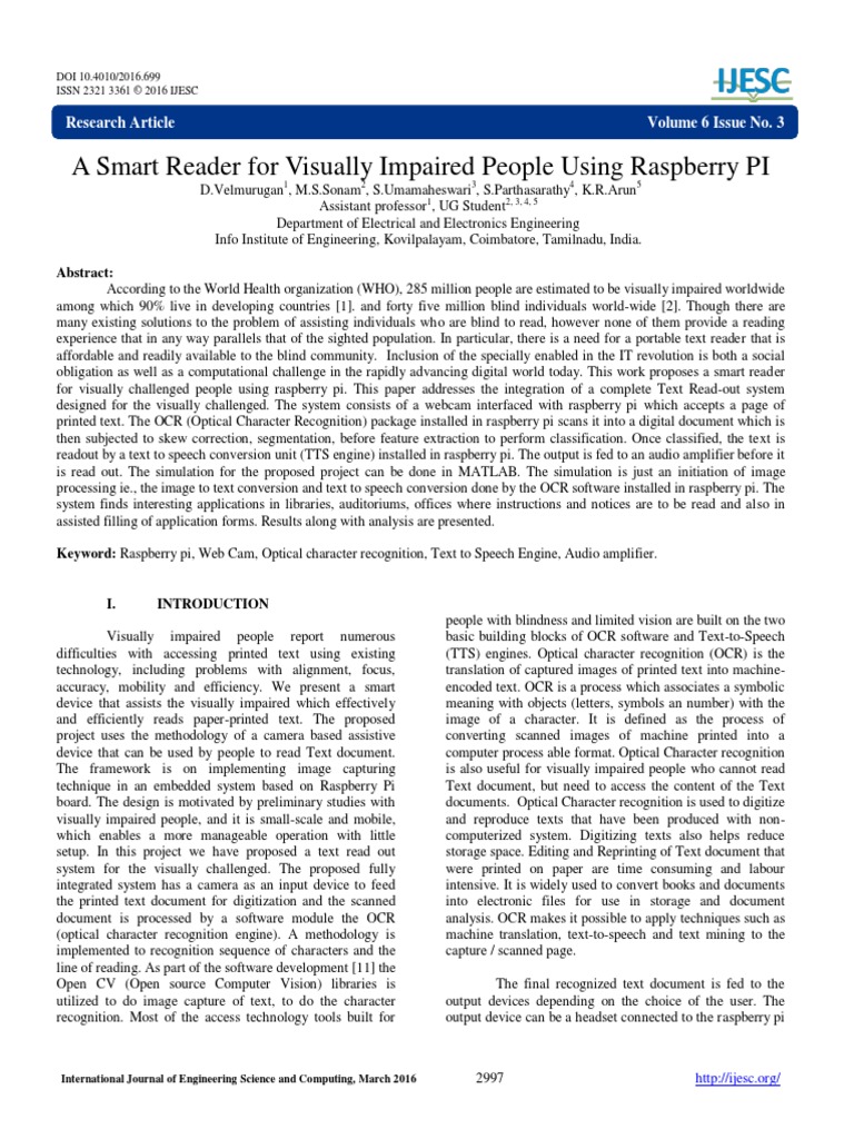 A Smart Reader For Visually Impaired People Using Raspberry PI | PDF ...