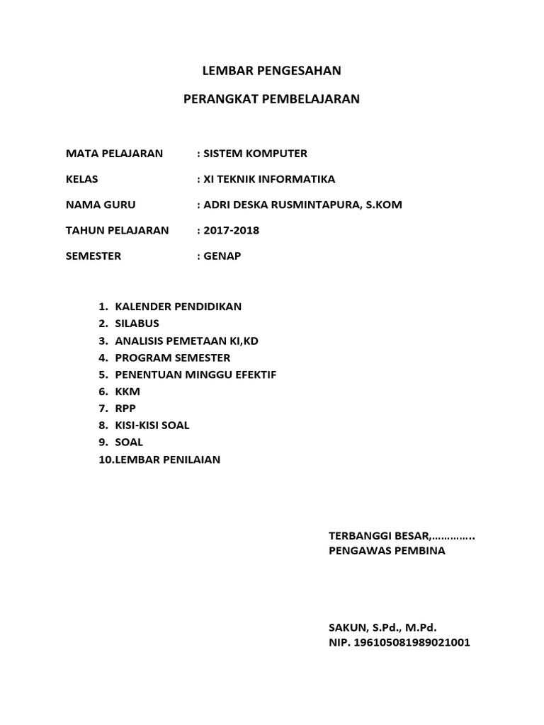 Lembar Pengesahan Perangkat Pembelajaran K13 Guru Paud