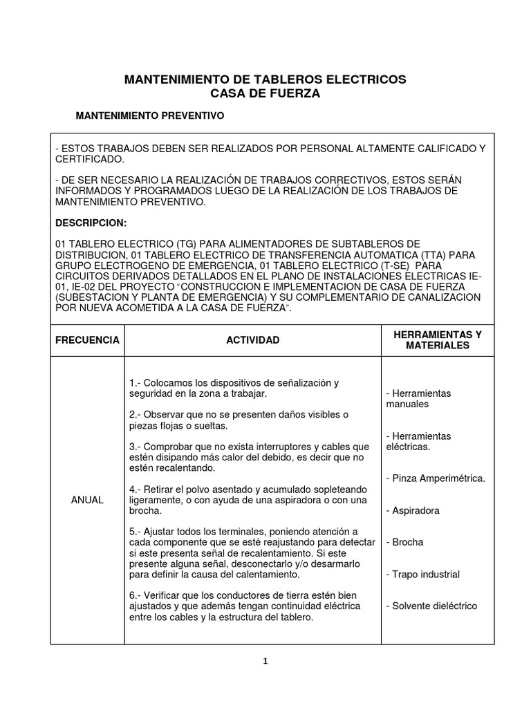 Mantenimiento De Tableros Electricos Casa De Fuerza 150512 Pdf