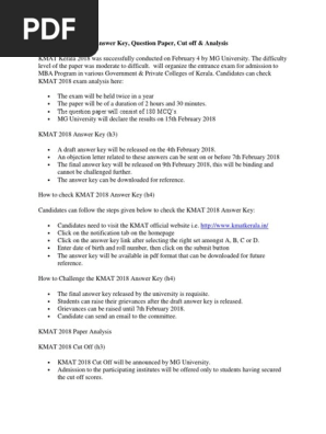 Kmat Kerala 2018 Answer Key Feb 4 Test Assessment
