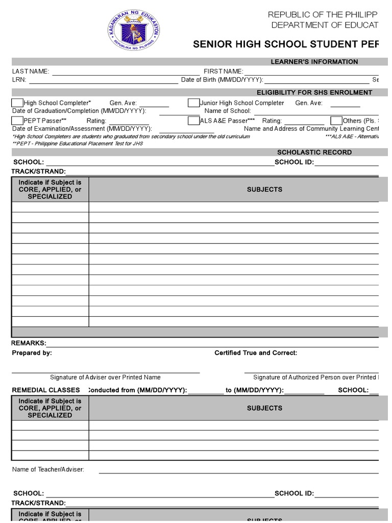 SchoolForm10SF10SHSSeniorHighSchoolStudentPermanentRecord
