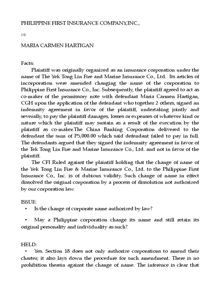 Philippine First Insurance vs. Hartigan | PDF