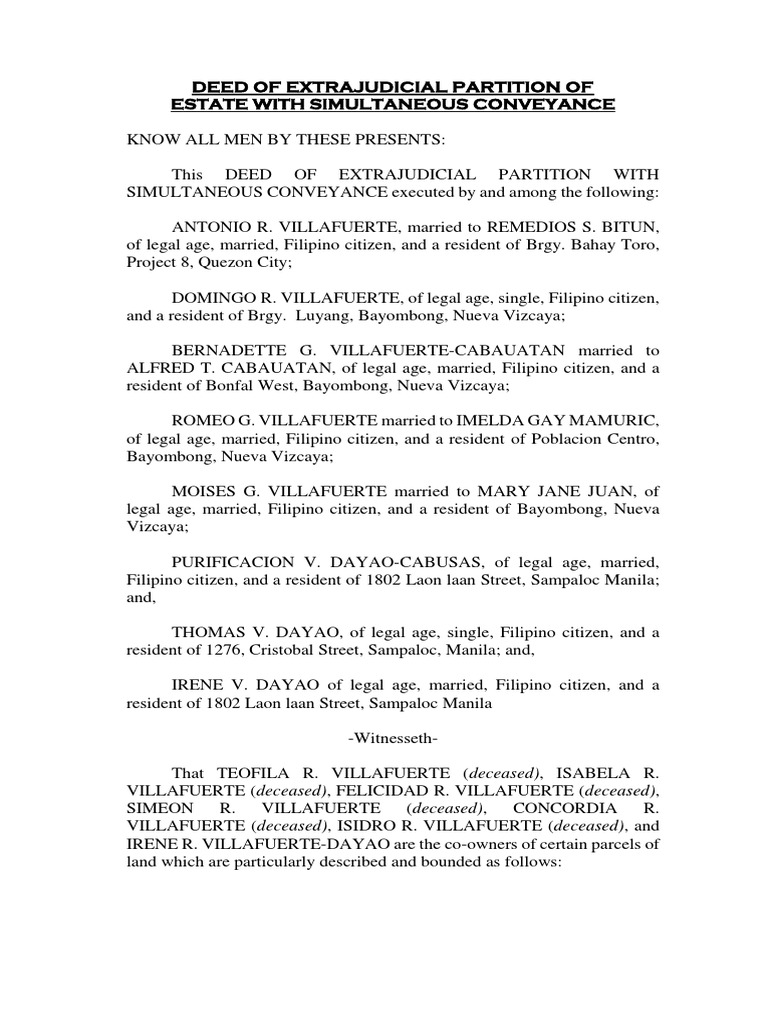 Extrajudicial Estate Partition Deed | PDF | Civil Law (Common Law) | Urban