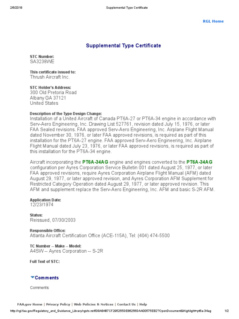 Supplemental Type Certificate SA3238WE PDF Industries Aircraft