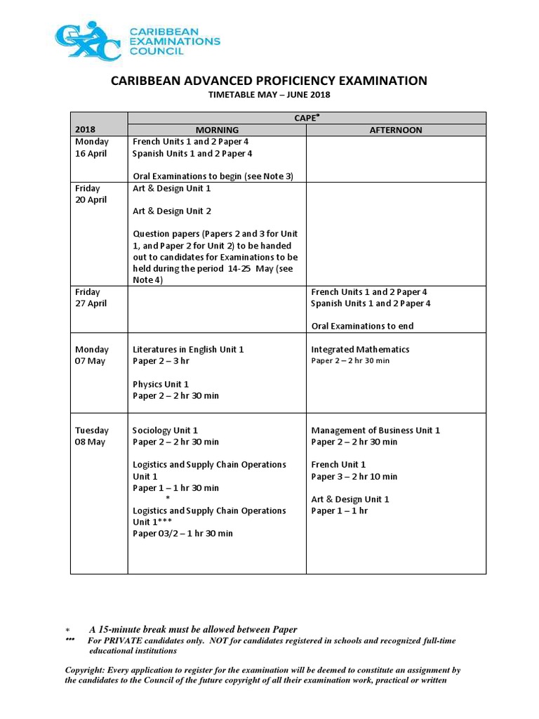 CAPE Exam Timetable 2018 | PDF | Compact Disc | Engineering