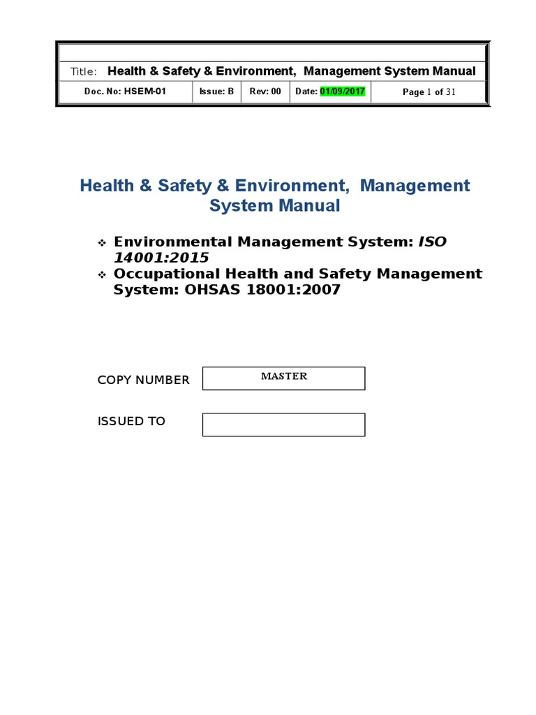 Health & Safety Management System Manual | PDF | Occupational Safety ...