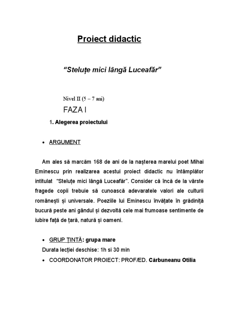 Proiect Didactic Stelute Mici Langa Luceafar