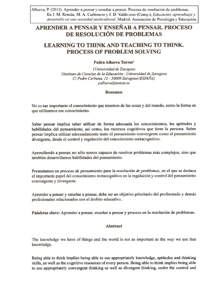 Aprender y Enseñar A Pensar PDF | PDF
