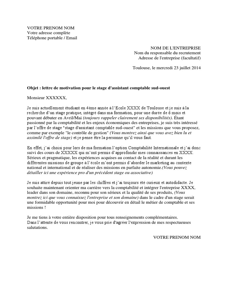 Lettre De Motivation Assistant Comptable - Candidature Spontanée