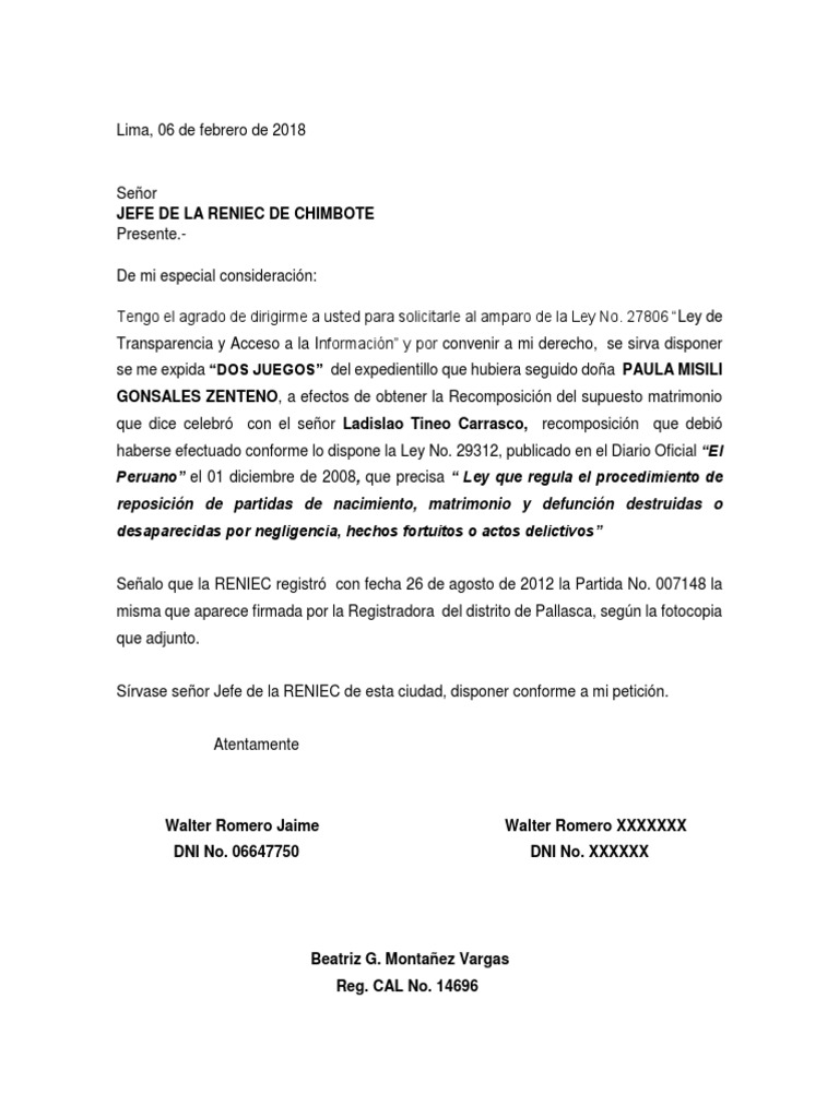 Carta A RENIEC Microsoft Word | PDF
