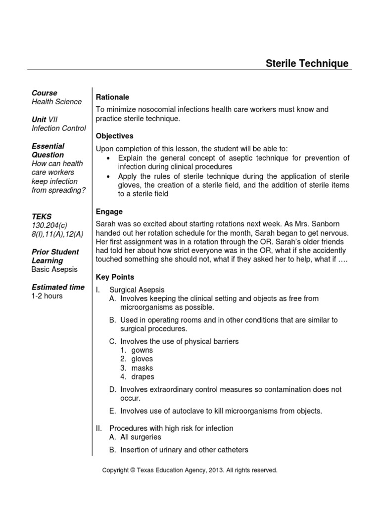 Sterile Technique Quiz PDF Infection Control Surgery