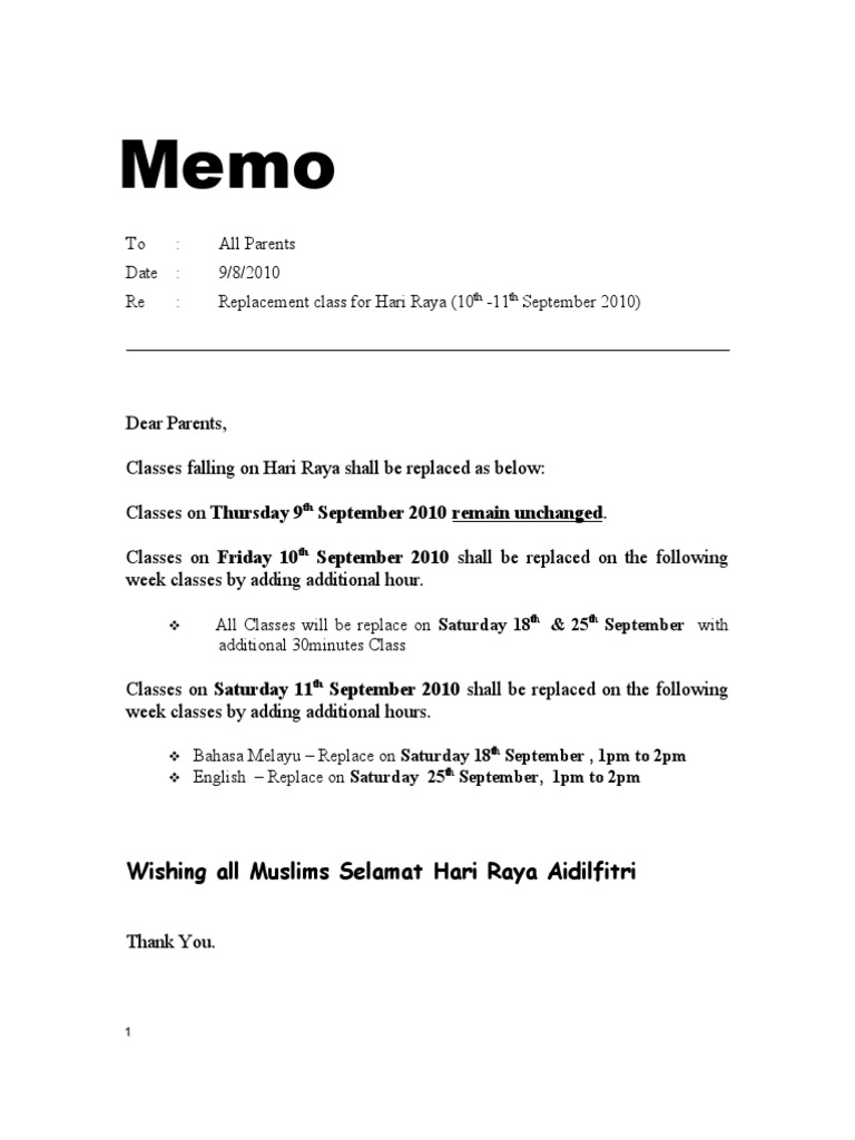 Hari Raya Class Replacement Memo | PDF