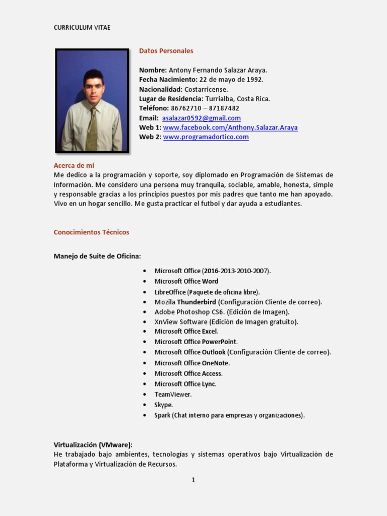 CV Antony Salazar Araya | PDF | Microsoft Office | Php