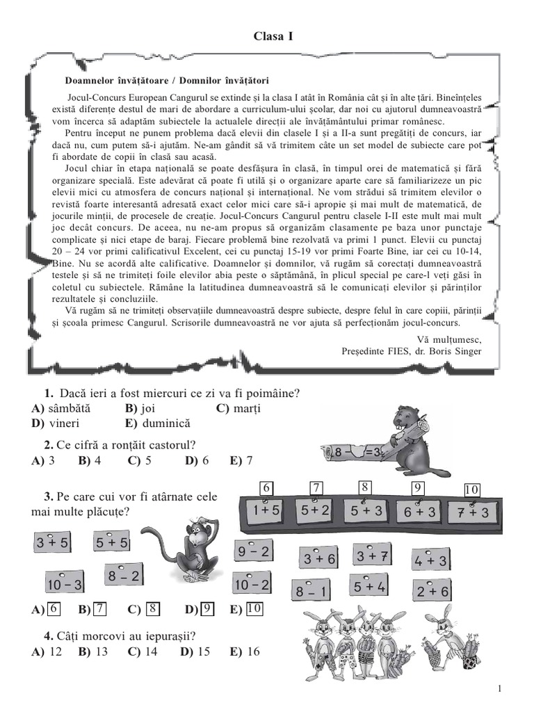 Subiecte Cangurul Mate 2007 Clasa I Varianta 1 PDF | PDF
