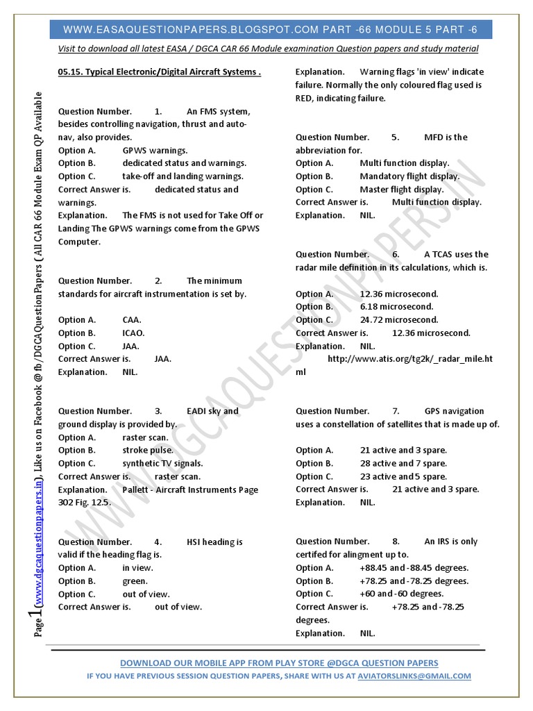 EASA Part66 Exam Questions of Module 05 Avionics Part VI Equipment