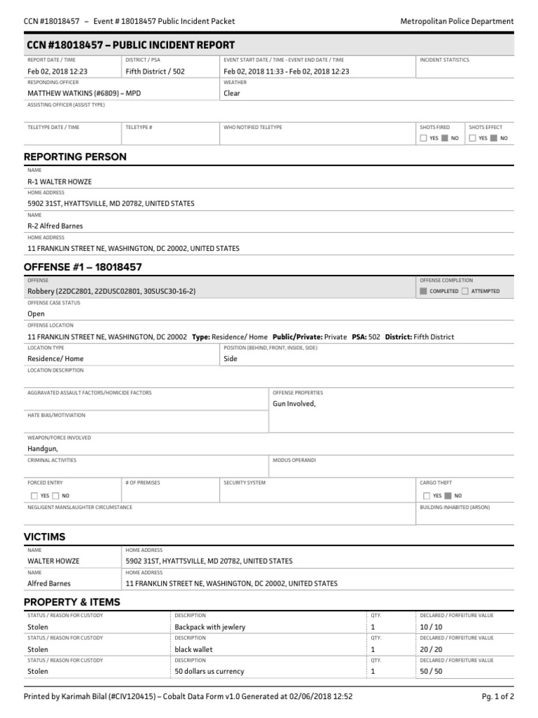 Robbery Incident Report - Feb 2018 | PDF | Robbery | Crime & Violence