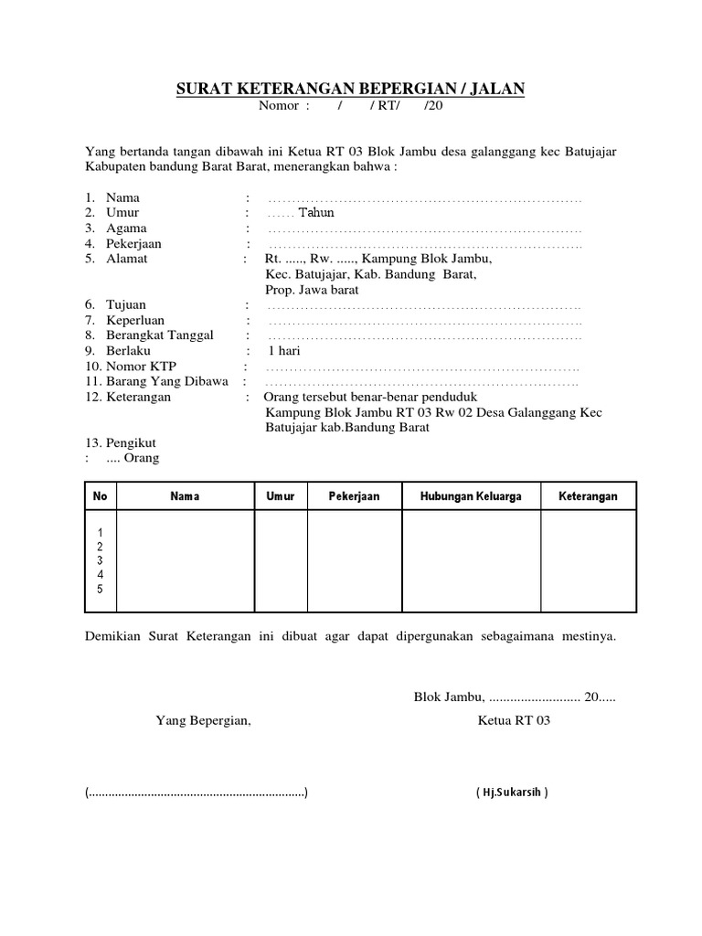Surat Keterangan Bepergian Rt