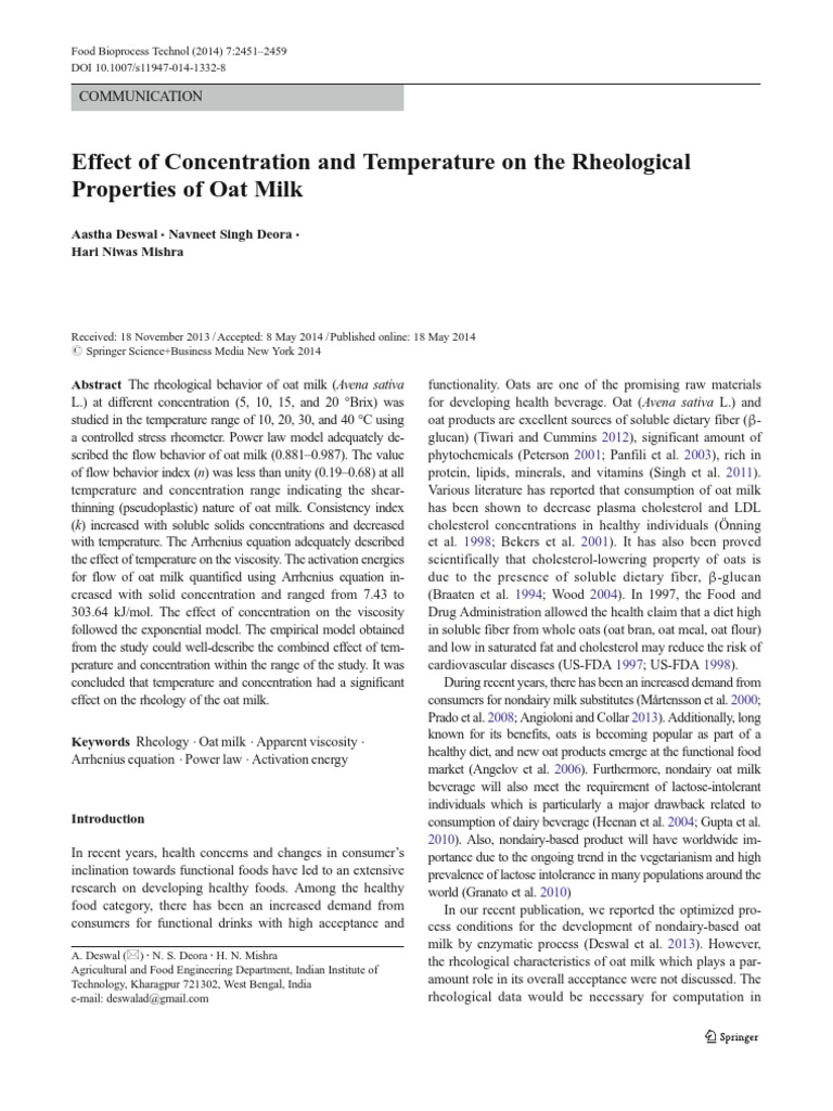 Rheology of Oat Milk: Temp & Concentration Effects | PDF | Rheology ...