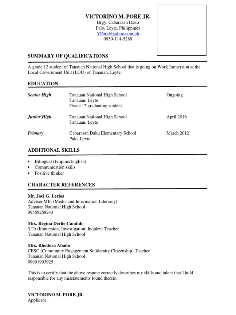 application letter sample for work immersion senior high school