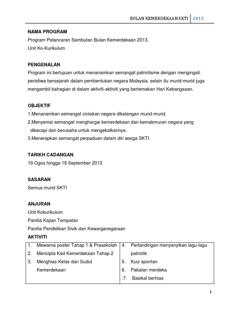 Aktiviti Sempena Sambutan Bulan Kemerdekaan Pdf