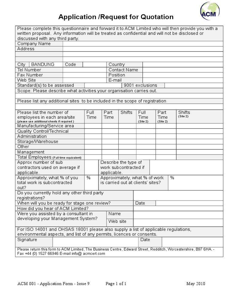 Application /request For Quotation (Please Use Additional Sheets If Required) (Site 2) (Site 2