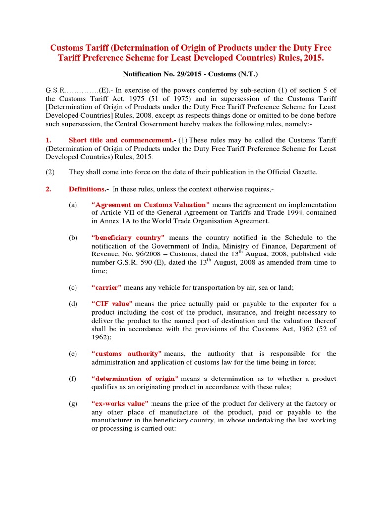 Customs Tariff (Determination of Origin of Products Under The Duty Free
