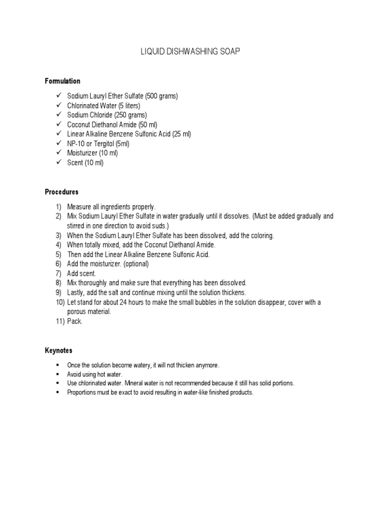 Liquid Dishwashing Soap Formulation PDF Sodium Chloride Atoms