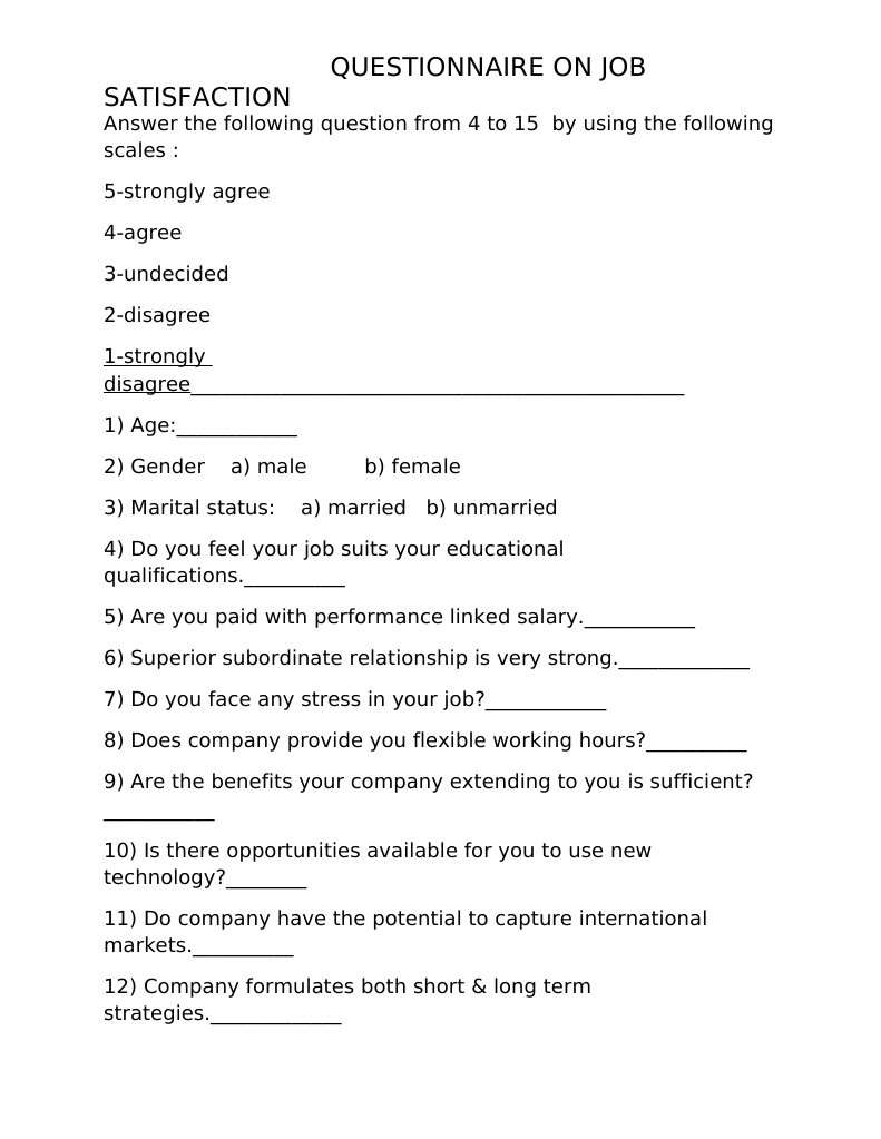 Job Satisfaction Questionnaire Survey | PDF