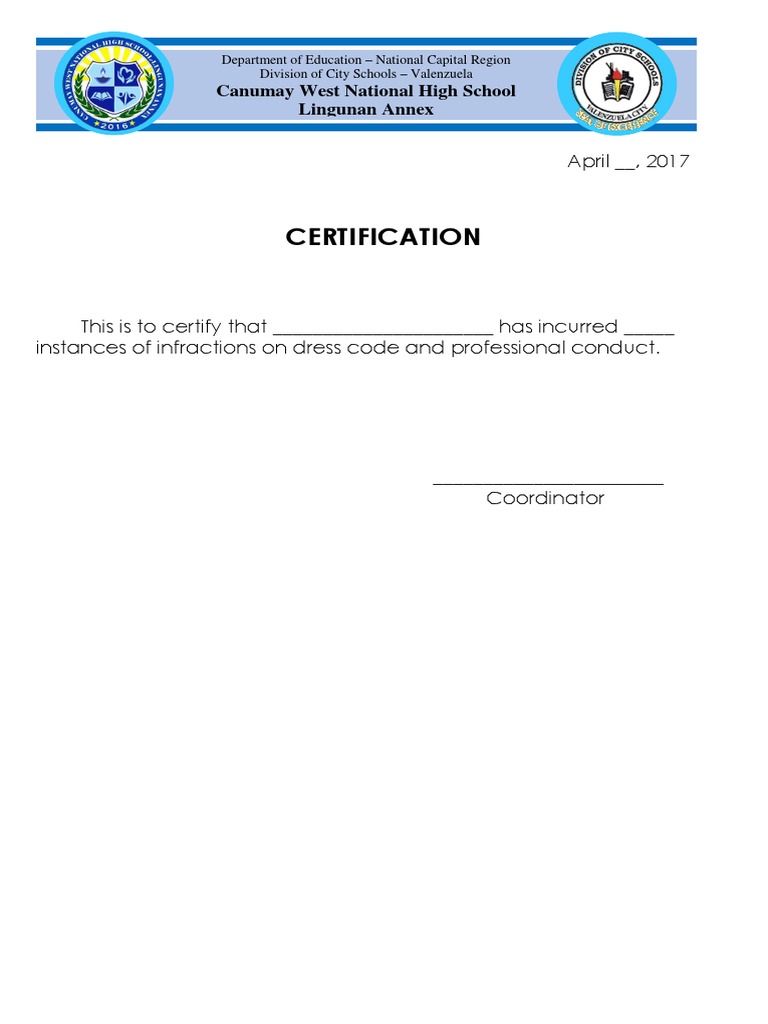 Dress Code Infraction Certification | PDF | Social Science