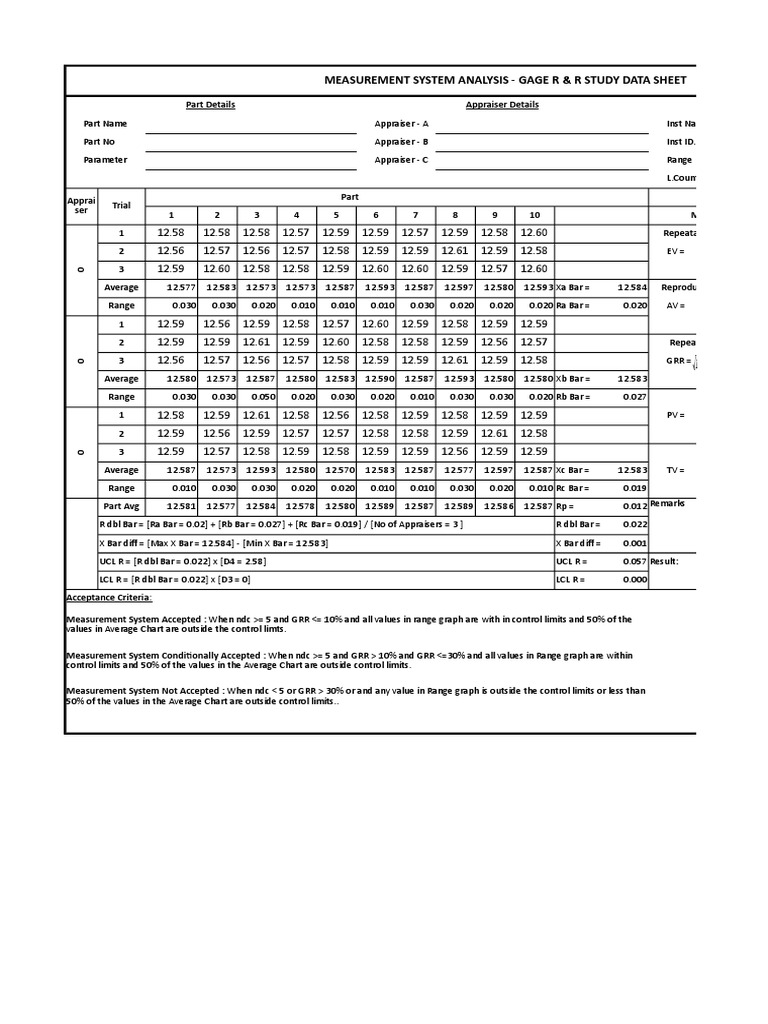 Measurement System Analysis - Gage R & R Study Data Sheet: AV EV | PDF ...