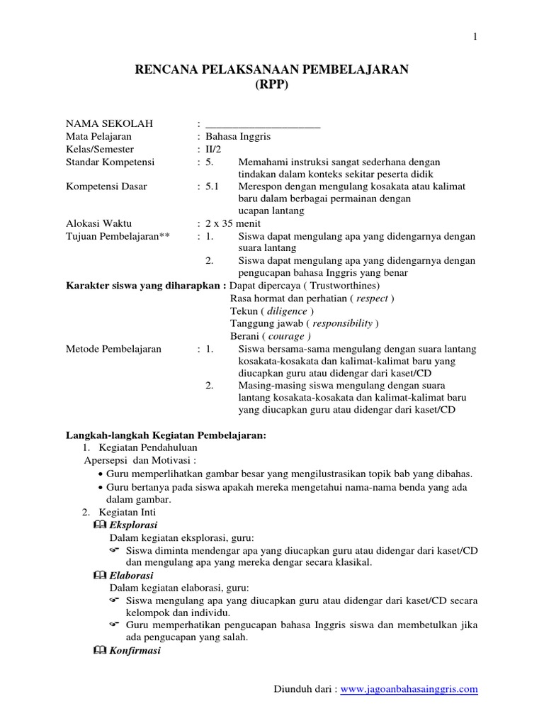 Rpp Bahasa Inggris Sd Kelas Ii Sms 2