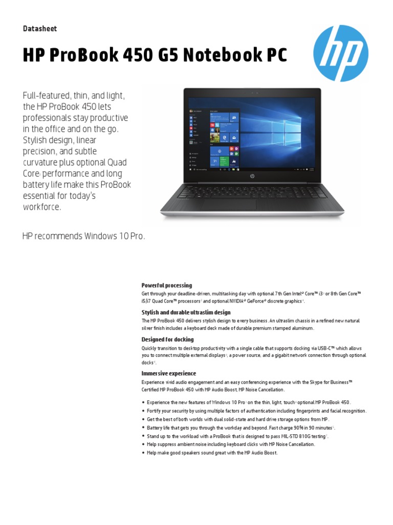 Hp Probook 450 G5 Datasheet Laptop Windows 10