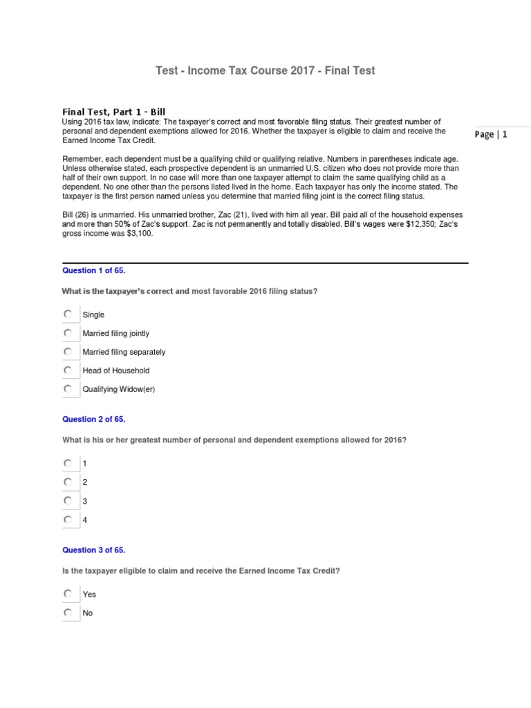 2016 Income Tax Course Final Exam | PDF | Earned Income Tax Credit ...