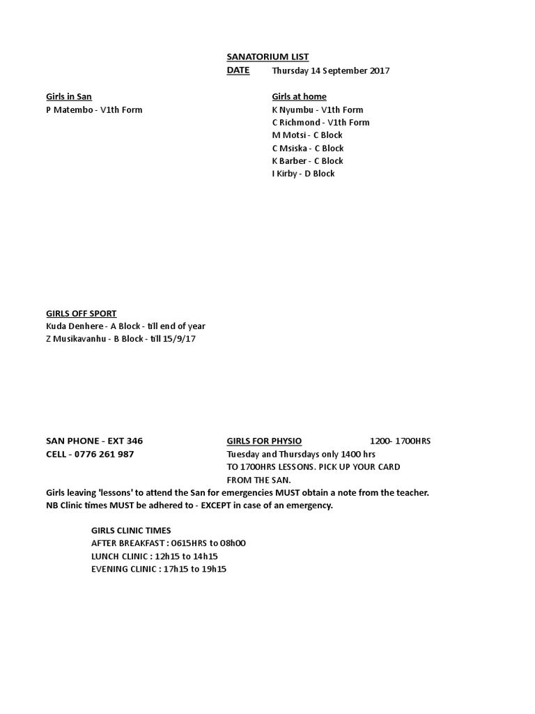 Sanatorium Schedule and Guidelines | PDF